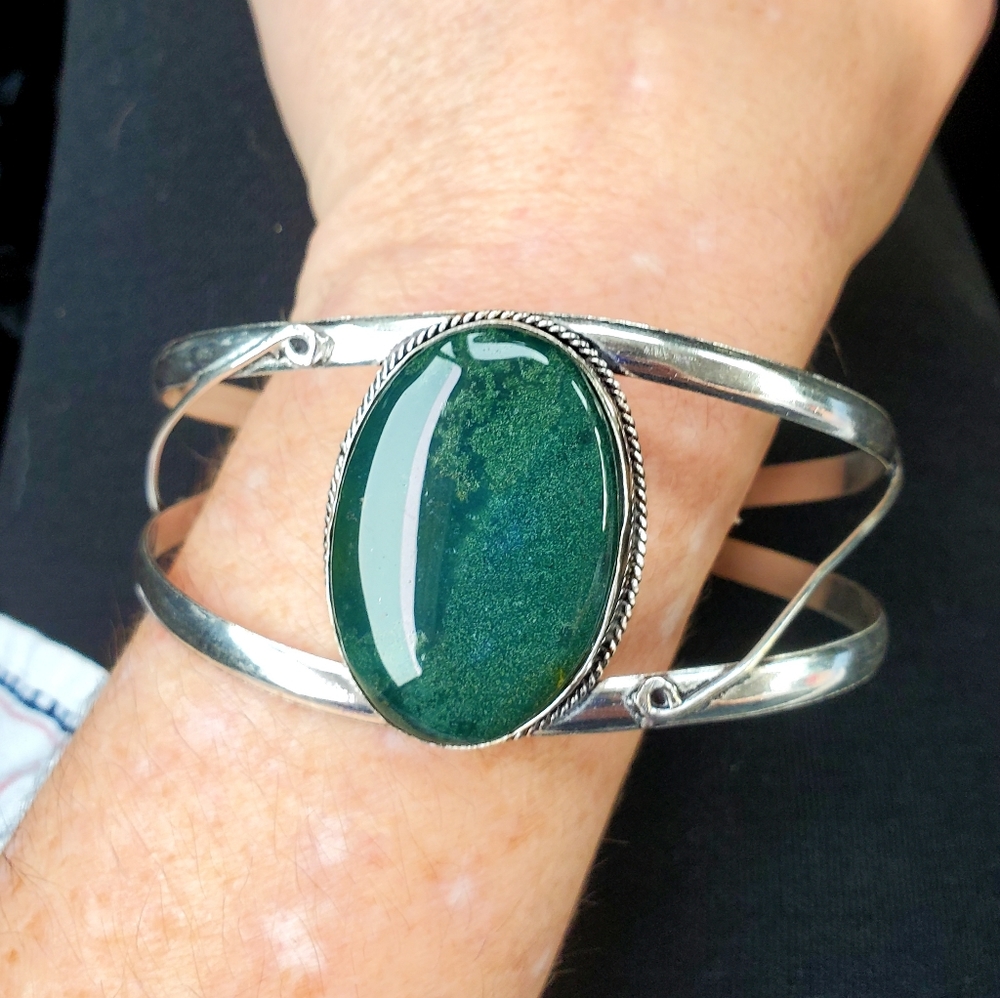 New Indian Moss Agate 925 Silver Cuff Bracelet.